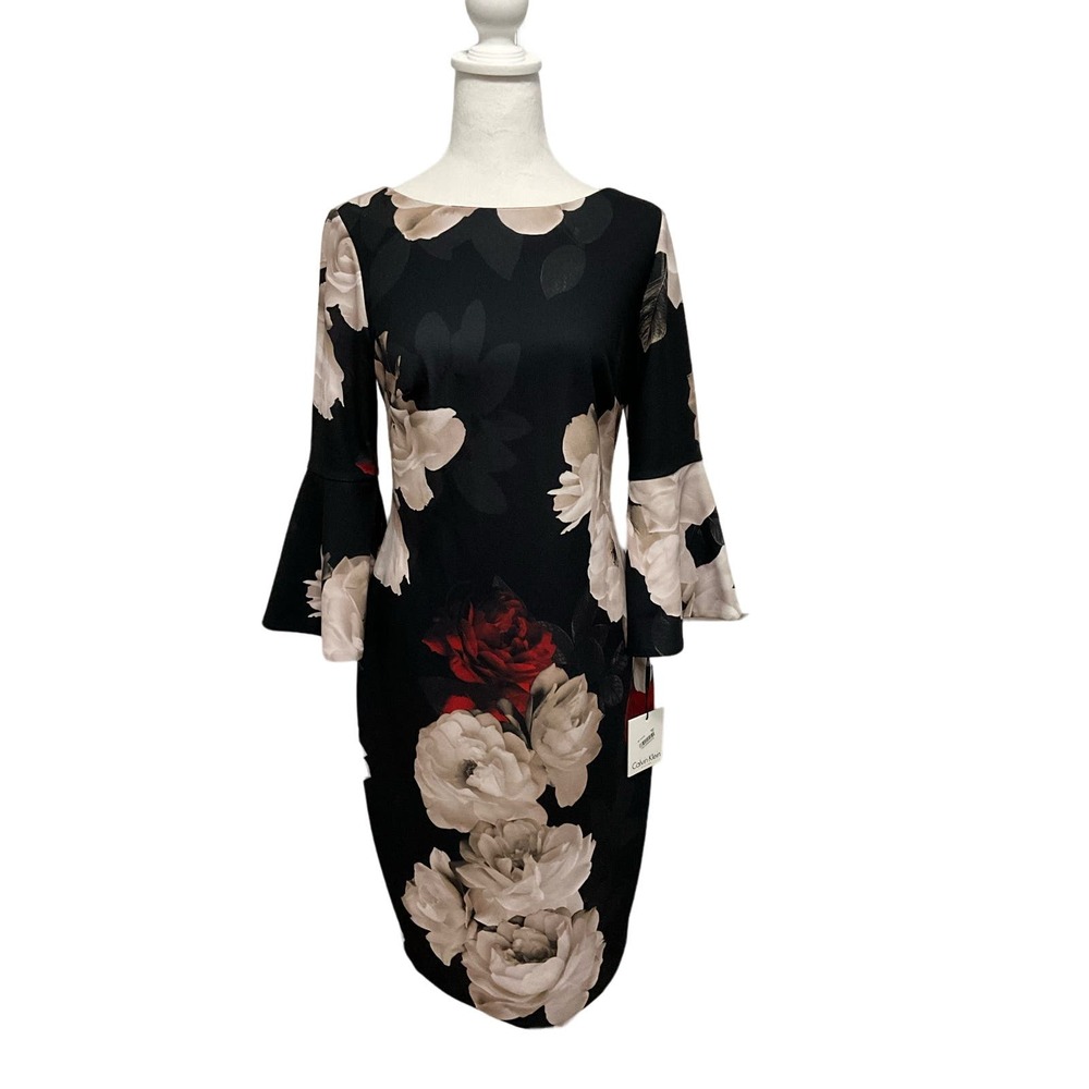 Calvin Klein Black Midi Dress with Cream Floral Print and Red Accent